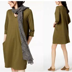EILEEN FISHER Green Organic cotton Pocketed 3/4 Sleeve V Neck Shift Dress szPM